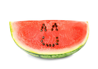 Watermelon with funny smiling face on white background