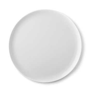 Empty ceramic plate of white color, top view of an isolated object