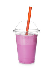 Plastic cup with tasty milk shake on white background