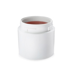 Open jar of cosmetic product on white background