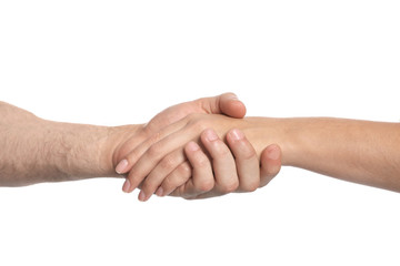Man and woman holding hands on white background. Concept of support and help