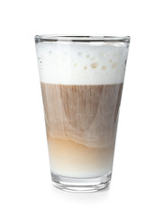 Glass with coffee and milk foam isolated on white