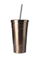 Metal coffee tumbler with straw isolated on white