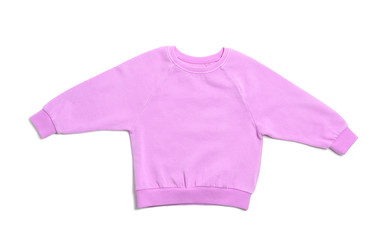 Cute pink child sweatshirt isolated on white, top view