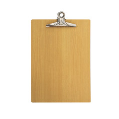 Classic wood clipboard with blank white paper on isolated background.