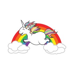 flying beautiful funny majestic unicorn on rainbow vector logo design