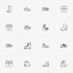 Shoes line icon set with lady boots , sneakers and slippers