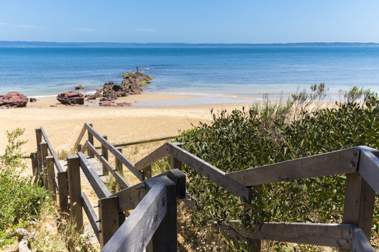 Timber stairs to Red Rocks Beach on a sunny day, Phillip Island, Victoria, Australia