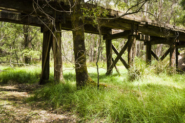 Old disused timber railway bridge in bushland near Daylesford, Victoria, Australia