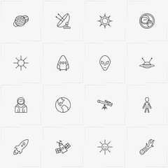Space line icon set with cosmonaut, sun and jupiter planet