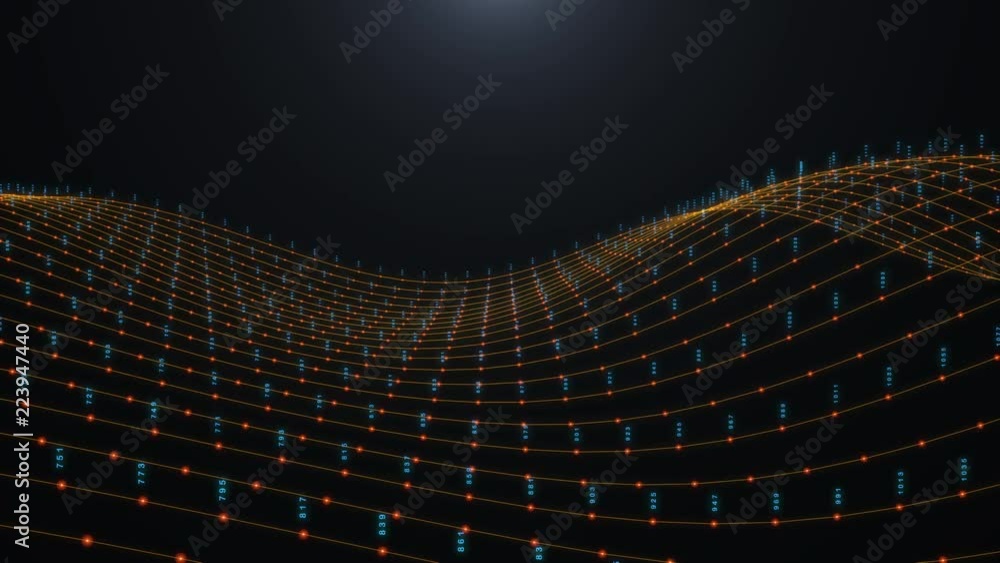 Poster digital technology number continue count on wave particles on black background