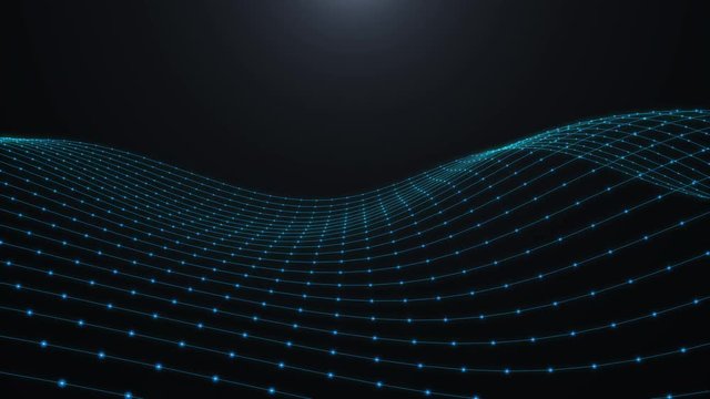 Blue digital technology wave particles on black background