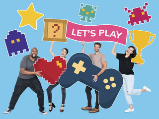 Playful diverse people holding gaming icons
