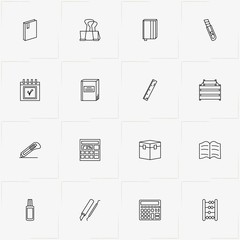 Stationery line icon set with cutter, ruler and box