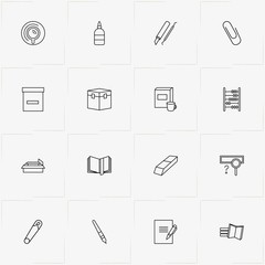 Stationery line icon set with pin, magnifier and abacus