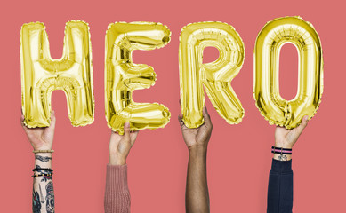 Hands showing hero balloons word