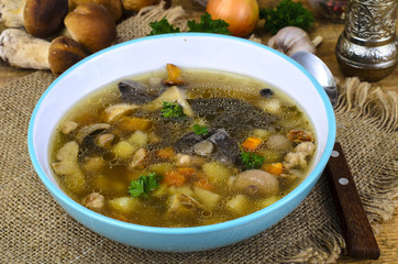 Delicious hot soup with wild mushrooms and potatoes