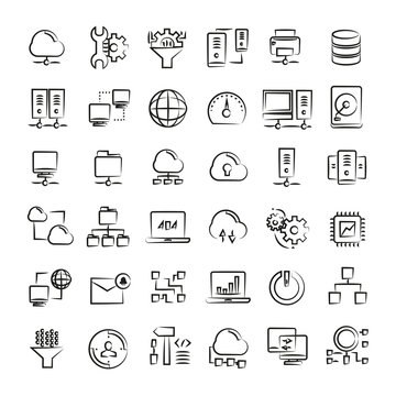 network and cloud computing icons, hand drawn icons