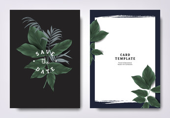 Botanical wedding invitation card template design, tropical green leaves on black background, minimalist vintage style