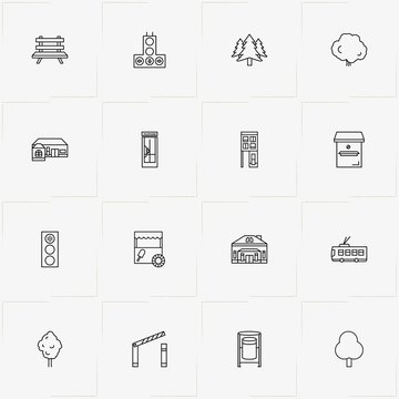 Street line icon set with tree, barrier and street recycle bin