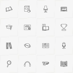 Student line icon set with magnifier, headphone and student hat