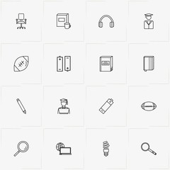 Student line icon set with student , rugby ball and pencil