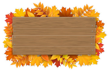 Empty wooden sign with space for text on a background of maple tree leaves. The template for a banner or an advertisement for a autumn seasonal discount.