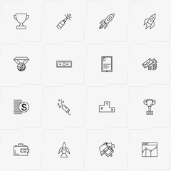 Success line icon set with graphics, money and wallet