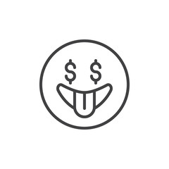 Money fever emoticon outline icon. linear style sign for mobile concept and web design. Dollar face emoticon simple line vector icon. Symbol, logo illustration. Pixel perfect vector graphics