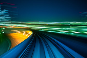 Fototapeta premium Motion blur from Yurikamome Line moving inside tunnel in Tokyo, Japan