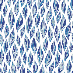 Seamless vector floral pattern with abstract leaves painted random in monochrome blue colors on white background