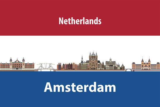 Amsterdam city skyline with flag of Netherlands on background. Vector illustration
