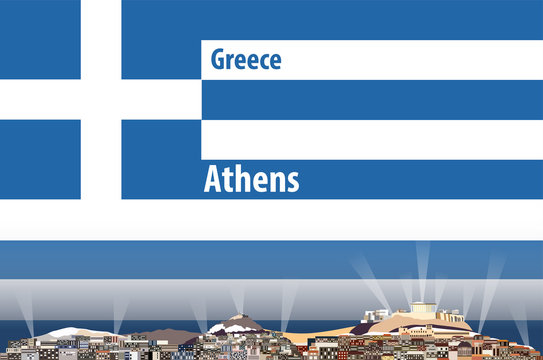Athens city skyline with flag of Greece on background vector illustration