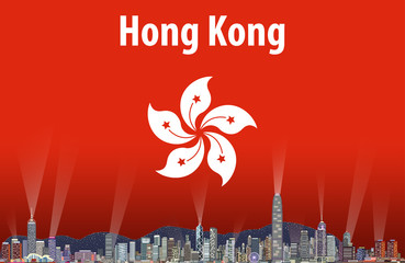 Obraz premium Hong Kong city skyline with flag of Hong Kong on background vector illustration