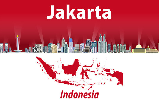 Jakarta city skyline with flag and map of Indonesia on background vector illustration