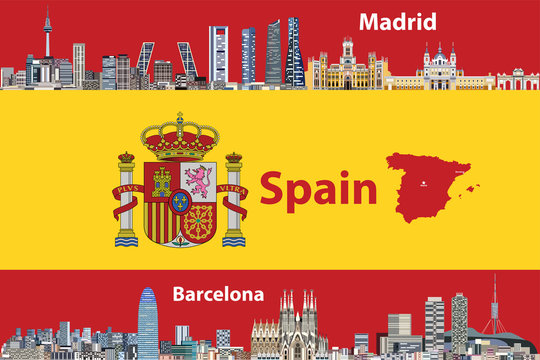 Madrid and Barcelona cities skylines with flag  and map of Spain on background. Vector illustration