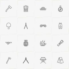 Tourism line icon set with airplane, backpack and compass
