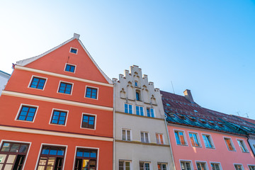Beautiful Architecture of old houses on historical street in town Fussen in Germany