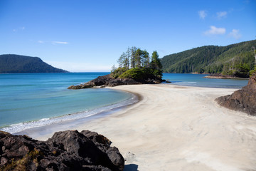 Beautiful panoramic view of sandy beach on Pacific Ocean Coast. Taken in San Josef Bay, Cape Scott...