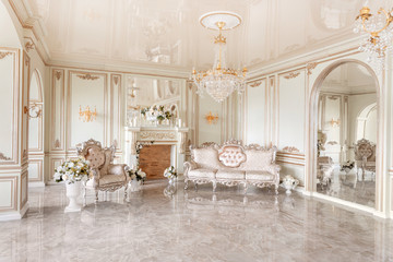 Morning in luxurious light interior in mansion . Bright and clean interior design of a luxury...