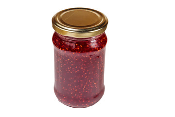 Raspberry jam in glass jar isolated on white background