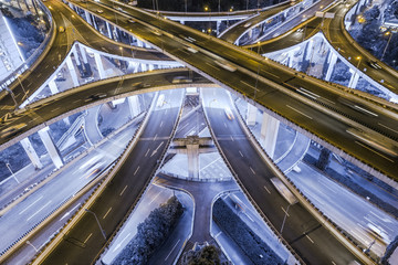 aerial view of highway interchange at night