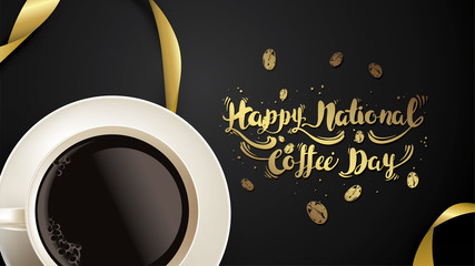 Vector illustration of happy International or national Coffee Day with hand lettering. Suitable for greeting card, poster and banner. mobile background