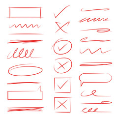 red scribble lines, underlines, check marks