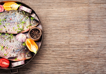 Fresh raw fish and food ingredients