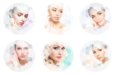 Collage of female portraits. Healthy faces of young women. Spa, face lifting, plastic surgery collage concept.