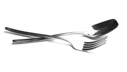 fork and spoon on white