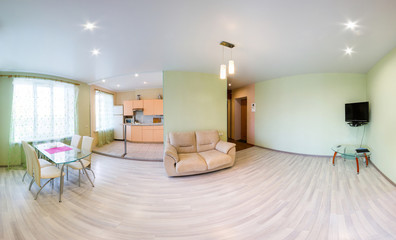 Panorama Home Interior With Open Plan Kitchen, Lounge And Dining Area