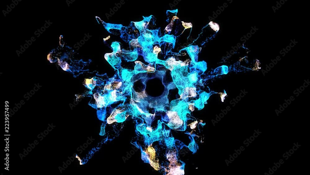 Poster 3d rendered particles flowing from the center to the external borders of frame. magical dust explois