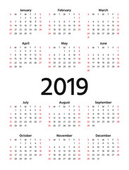 2019 Calendar. Vector. Week starts Sunday in minimal simple design. Stationery 2019 year vertical template. Yearly calendar organizer for weeks. Portrait orientation, english.